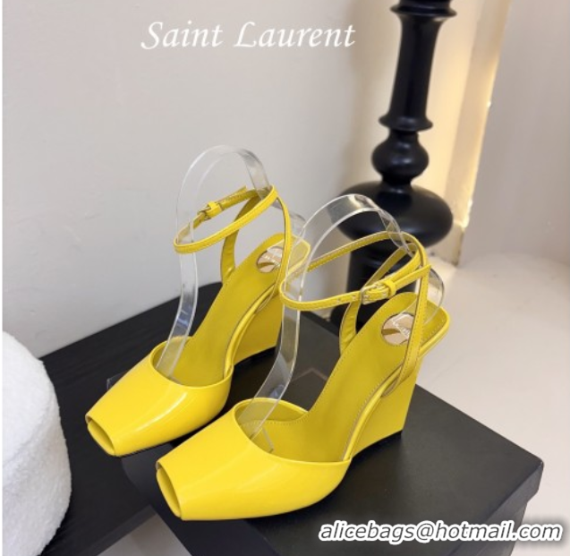 Top Grade Saint Laurent La Scandale Open Toe Wedge Sandals 11cm in Patent Leather All Yellow 0424064