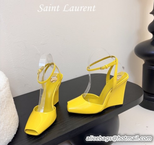 Top Grade Saint Laurent La Scandale Open Toe Wedge Sandals 11cm in Patent Leather All Yellow 0424064