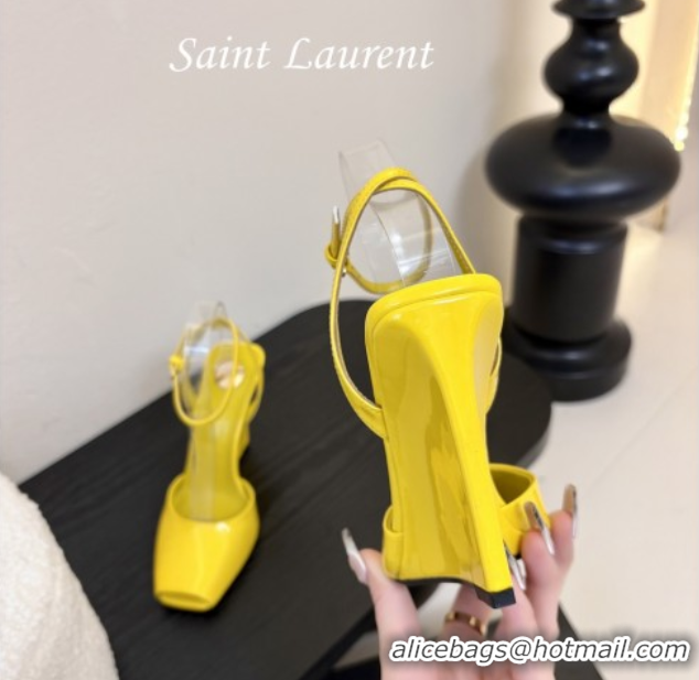 Top Grade Saint Laurent La Scandale Open Toe Wedge Sandals 11cm in Patent Leather All Yellow 0424064