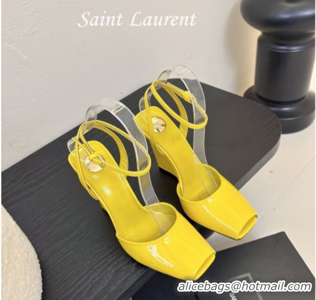 Top Grade Saint Laurent La Scandale Open Toe Wedge Sandals 11cm in Patent Leather All Yellow 0424064