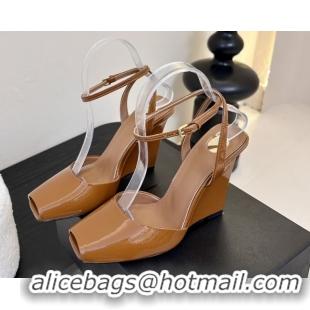 Luxury Cheap Saint Laurent La Scandale Open Toe Wedge Sandals 11cm in Patent Leather All Brown 0424065