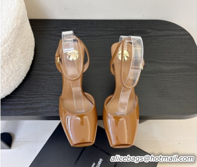 Luxury Cheap Saint Laurent La Scandale Open Toe Wedge Sandals 11cm in Patent Leather All Brown 0424065