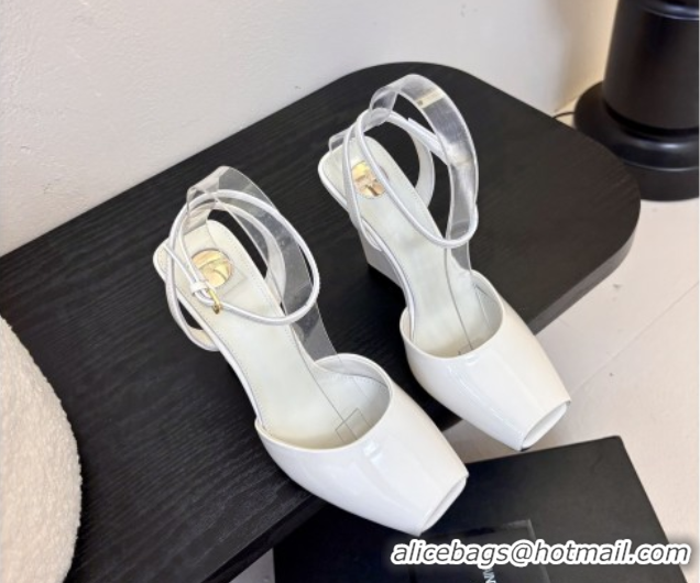 Good Product Saint Laurent La Scandale Open Toe Wedge Sandals 11cm in Patent Leather All White 0424066