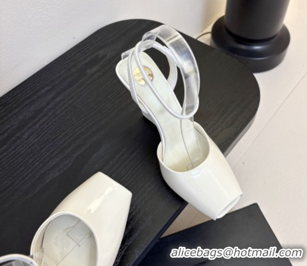 Good Product Saint Laurent La Scandale Open Toe Wedge Sandals 11cm in Patent Leather All White 0424066