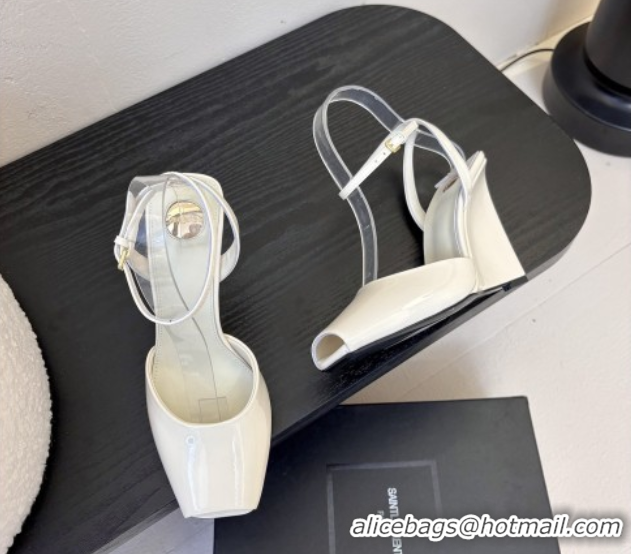 Good Product Saint Laurent La Scandale Open Toe Wedge Sandals 11cm in Patent Leather All White 0424066