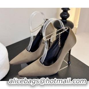 Good Quality Saint Laurent Regine Pumps 11cm in Satin with Chain Green 0424068