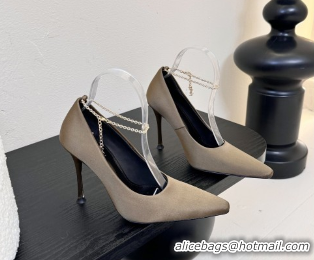 Good Quality Saint Laurent Regine Pumps 11cm in Satin with Chain Green 0424068