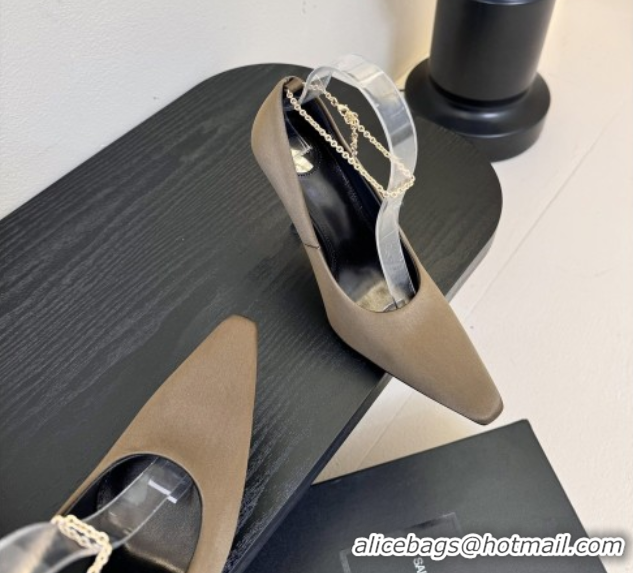 Good Quality Saint Laurent Regine Pumps 11cm in Satin with Chain Green 0424068