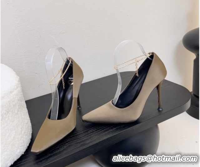 Good Quality Saint Laurent Regine Pumps 11cm in Satin with Chain Green 0424068