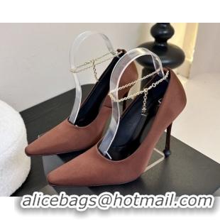 Shop Duplicate Saint Laurent Regine Pumps 11cm in Satin with Chain Brown 0424069