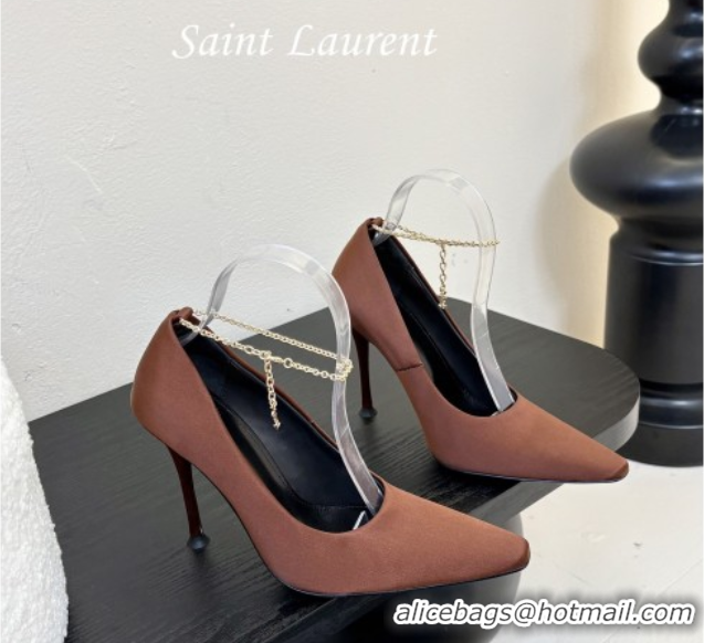 Shop Duplicate Saint Laurent Regine Pumps 11cm in Satin with Chain Brown 0424069