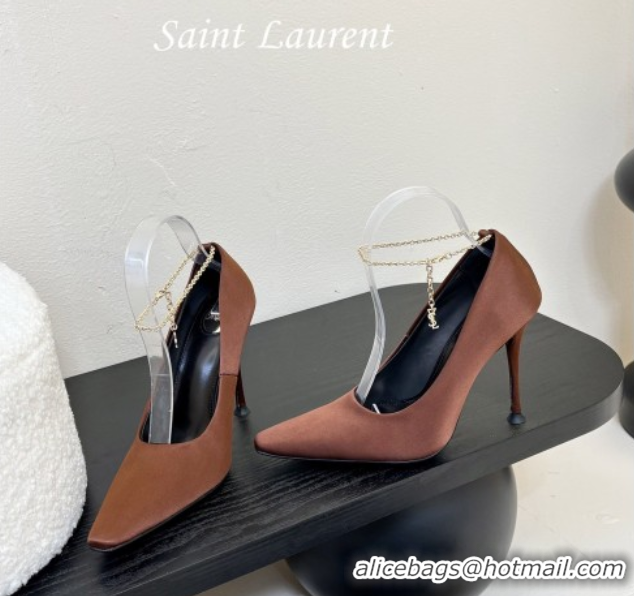 Shop Duplicate Saint Laurent Regine Pumps 11cm in Satin with Chain Brown 0424069