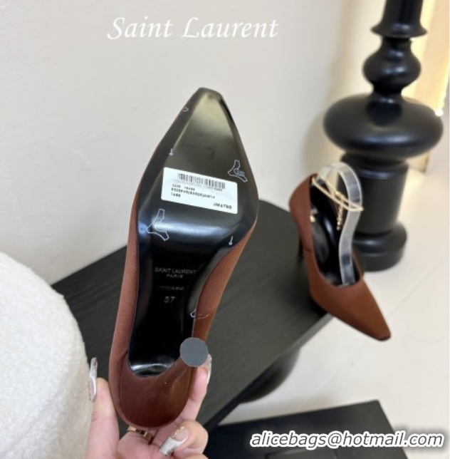Shop Duplicate Saint Laurent Regine Pumps 11cm in Satin with Chain Brown 0424069