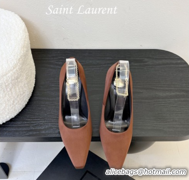 Shop Duplicate Saint Laurent Regine Pumps 11cm in Satin with Chain Brown 0424069
