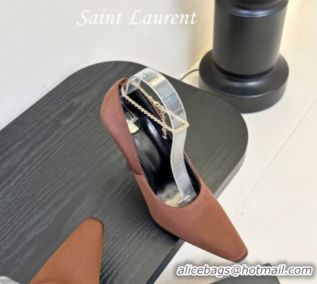Shop Duplicate Saint Laurent Regine Pumps 11cm in Satin with Chain Brown 0424069