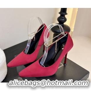 Best Grade Saint Laurent Regine Pumps 11cm in Satin with Chain Red 0424070