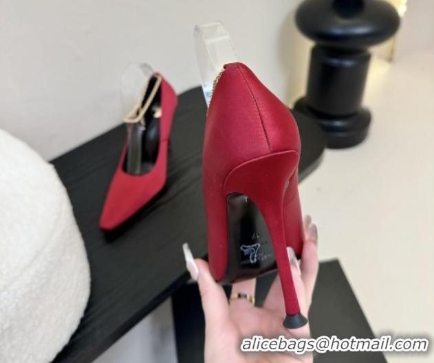 Best Grade Saint Laurent Regine Pumps 11cm in Satin with Chain Red 0424070
