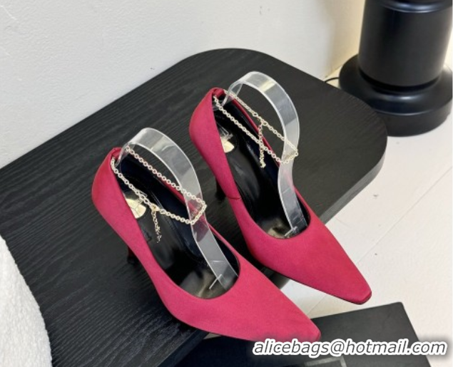 Best Grade Saint Laurent Regine Pumps 11cm in Satin with Chain Red 0424070