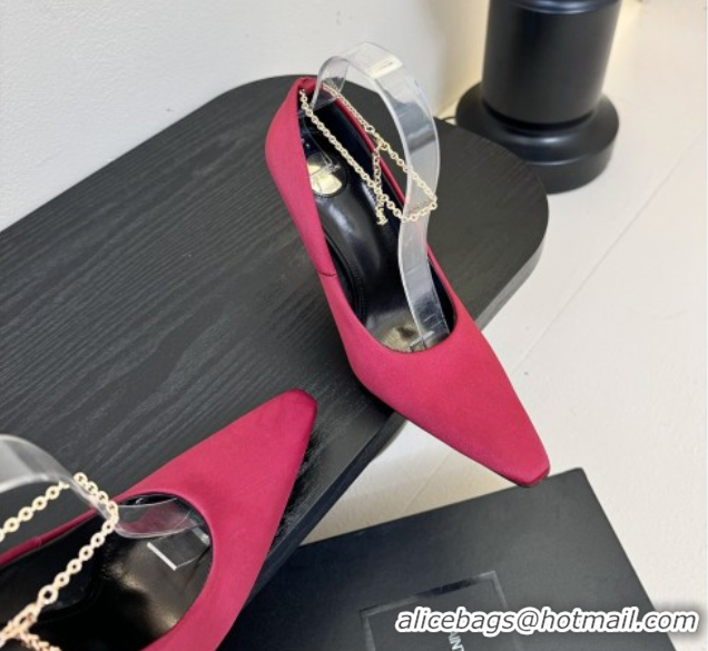 Best Grade Saint Laurent Regine Pumps 11cm in Satin with Chain Red 0424070