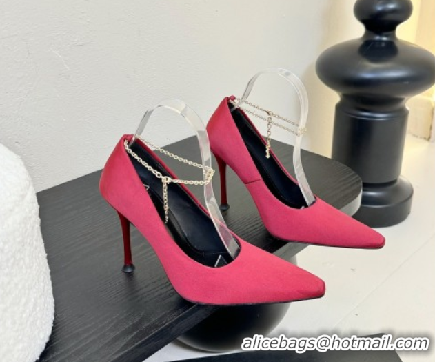 Best Grade Saint Laurent Regine Pumps 11cm in Satin with Chain Red 0424070