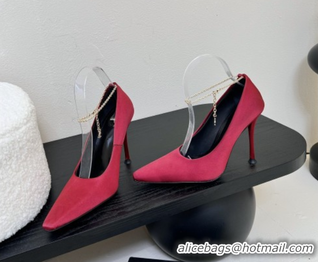 Best Grade Saint Laurent Regine Pumps 11cm in Satin with Chain Red 0424070