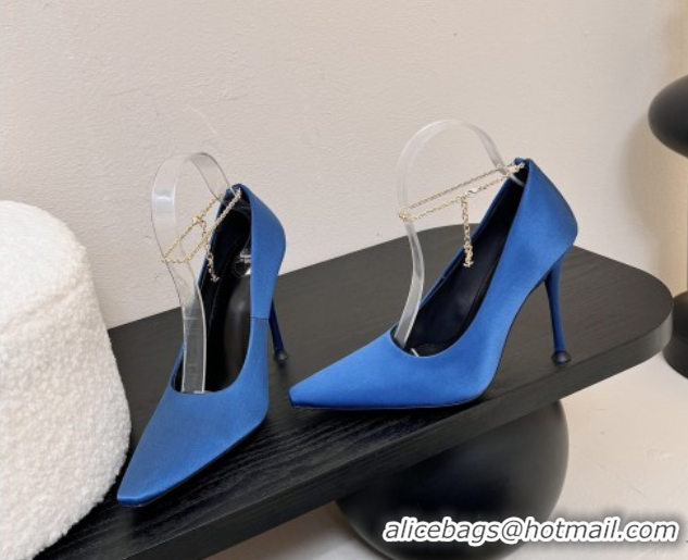 Trendy Design Saint Laurent Regine Pumps 11cm in Satin with Chain Blue 0424071