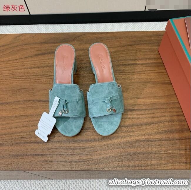 Loro Piana Summer Charms Sandal 5.5cm Heel in Suede LP62003 Green Grey 2025