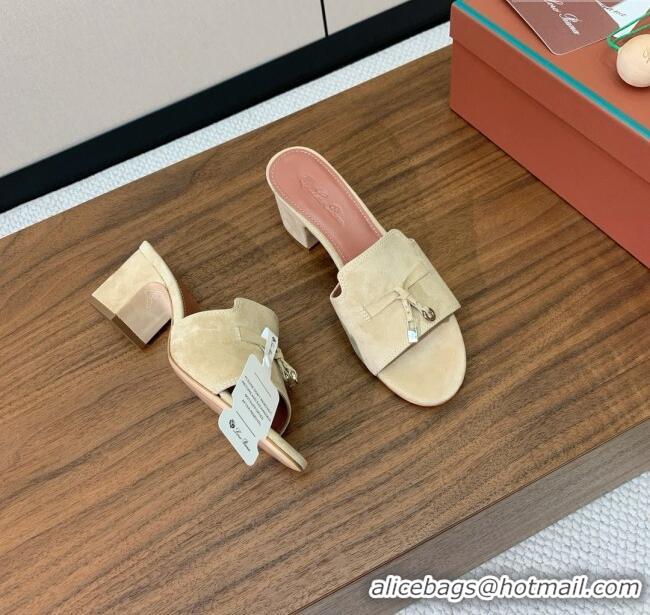Luxury Classic Loro Piana Summer Charms Sandal 5.5cm Heel in Suede LP62004 Beige 2025