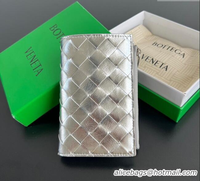 Shop Grade Bottega Veneta Medium Bi-Fold Wallet in Intrecciato Leather 667468 Silver 2025