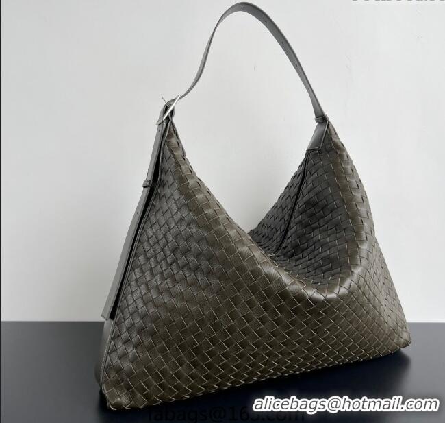 Grade Quality Bottega Veneta Mens Large Traveler Hobo Bag in Intrecciato Leather 806976 Dark Khaki 2025