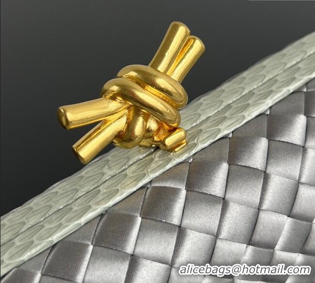 Buy New Cheap Bottega Veneta Classic Knot Clutch in Intreccio Satin BV062501 Silver 2025