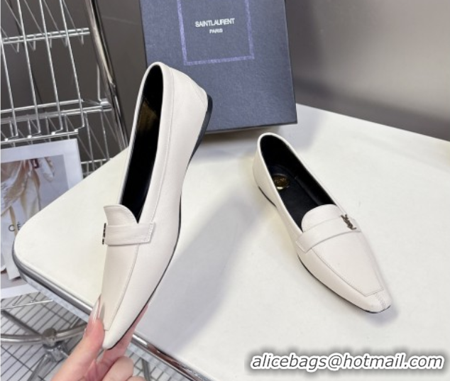 Popular Style Saint Laurent Poppy Ballerinas Flat in Calf Leather White 0424079