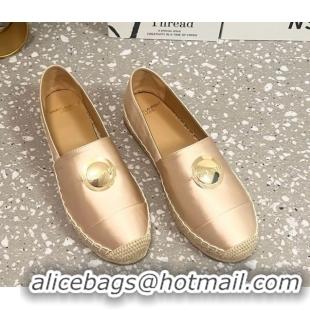 Top Design Saint Laurent Satin Espadrilles Flat with Gold-Tone Round Logo Apricot 0424081