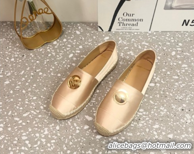 Top Design Saint Laurent Satin Espadrilles Flat with Gold-Tone Round Logo Apricot 0424081