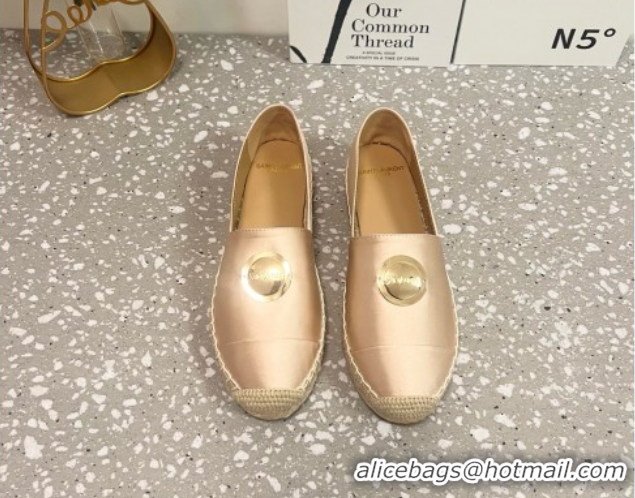 Top Design Saint Laurent Satin Espadrilles Flat with Gold-Tone Round Logo Apricot 0424081