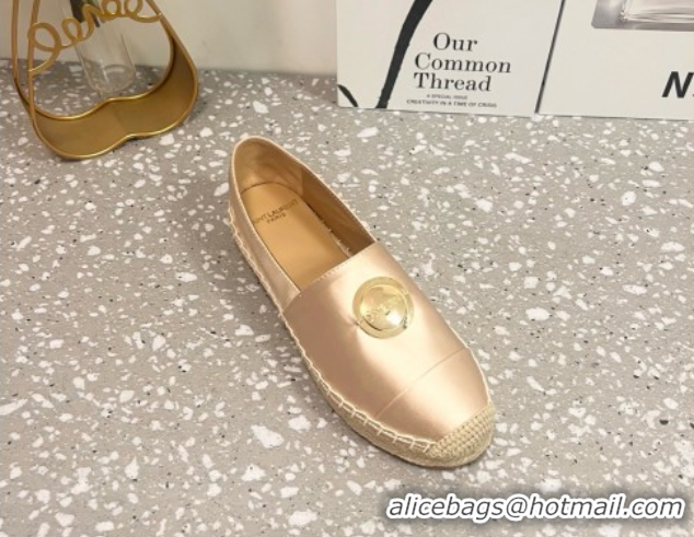 Top Design Saint Laurent Satin Espadrilles Flat with Gold-Tone Round Logo Apricot 0424081