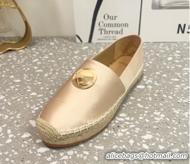 Top Design Saint Laurent Satin Espadrilles Flat with Gold-Tone Round Logo Apricot 0424081