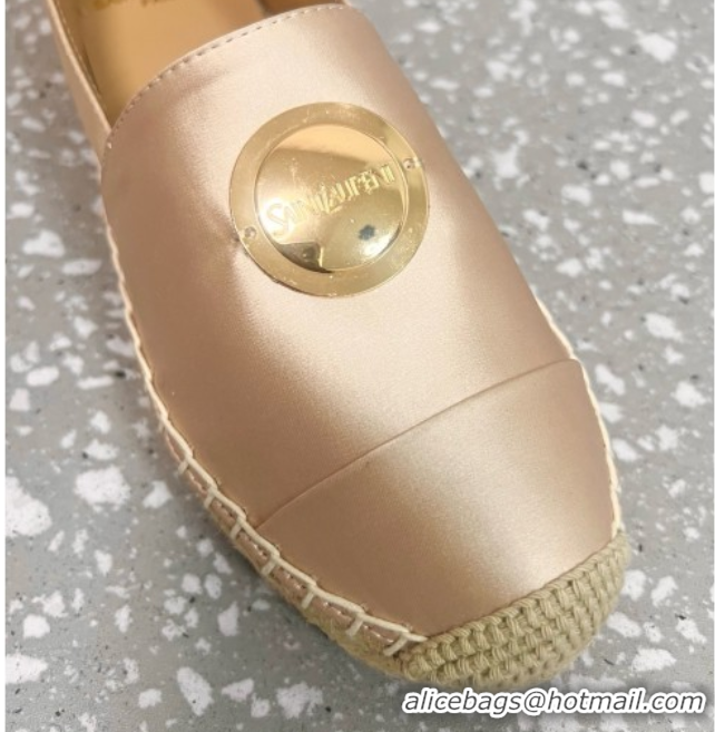 Top Design Saint Laurent Satin Espadrilles Flat with Gold-Tone Round Logo Apricot 0424081