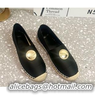 Good Looking Saint Laurent Satin Espadrilles Flat with Gold-Tone Round Logo Black 0424082