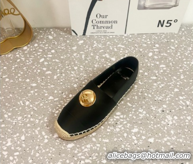 Good Looking Saint Laurent Satin Espadrilles Flat with Gold-Tone Round Logo Black 0424082