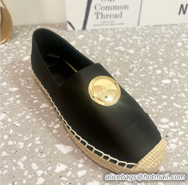 Good Looking Saint Laurent Satin Espadrilles Flat with Gold-Tone Round Logo Black 0424082