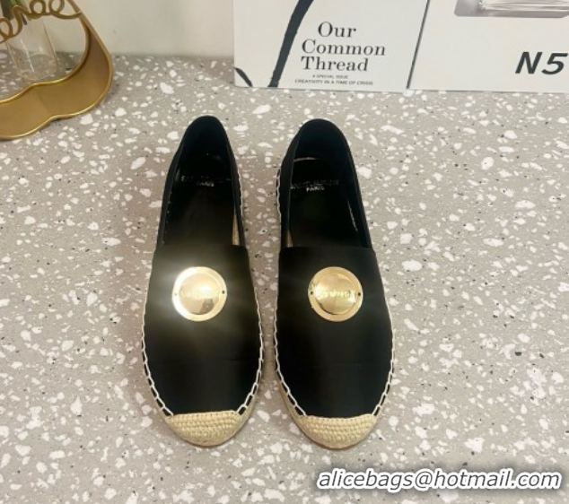 Good Looking Saint Laurent Satin Espadrilles Flat with Gold-Tone Round Logo Black 0424082