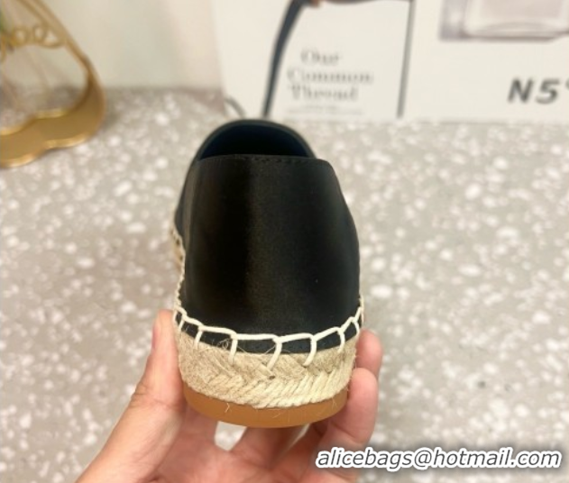 Good Looking Saint Laurent Satin Espadrilles Flat with Gold-Tone Round Logo Black 0424082