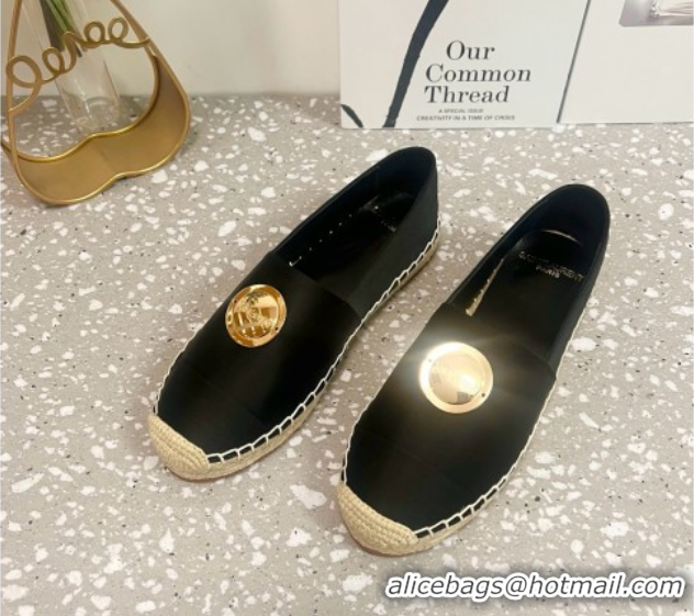 Good Looking Saint Laurent Satin Espadrilles Flat with Gold-Tone Round Logo Black 0424082