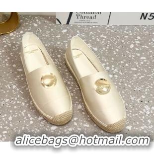 Top Grade Saint Laurent Satin Espadrilles Flat with Gold-Tone Round Logo White 0424083