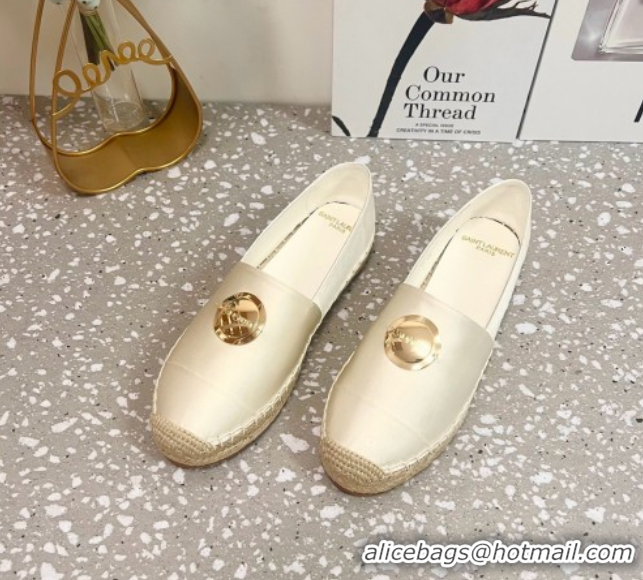 Top Grade Saint Laurent Satin Espadrilles Flat with Gold-Tone Round Logo White 0424083