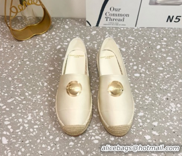Top Grade Saint Laurent Satin Espadrilles Flat with Gold-Tone Round Logo White 0424083