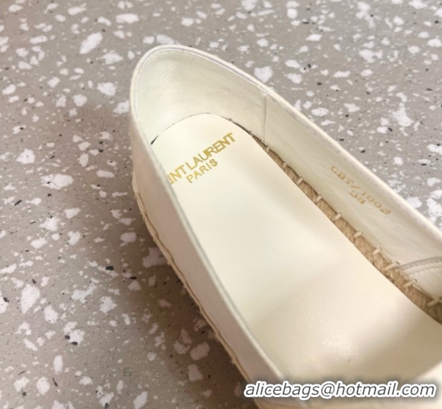 Top Grade Saint Laurent Satin Espadrilles Flat with Gold-Tone Round Logo White 0424083