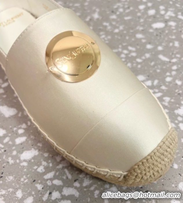 Top Grade Saint Laurent Satin Espadrilles Flat with Gold-Tone Round Logo White 0424083