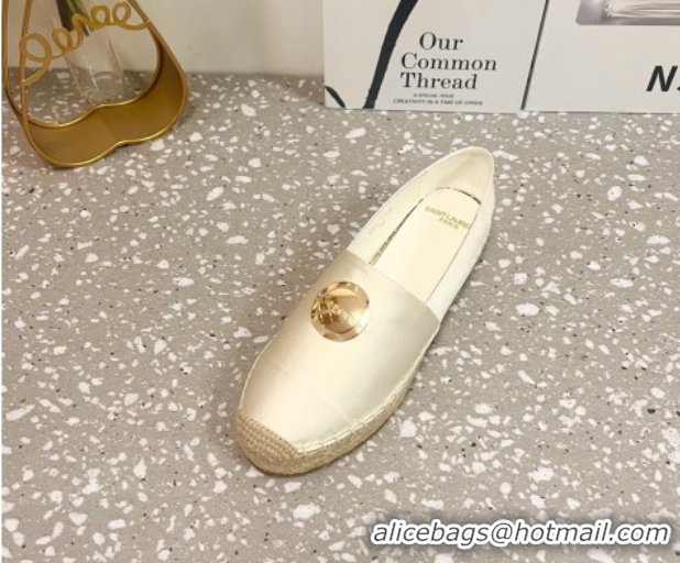 Top Grade Saint Laurent Satin Espadrilles Flat with Gold-Tone Round Logo White 0424083